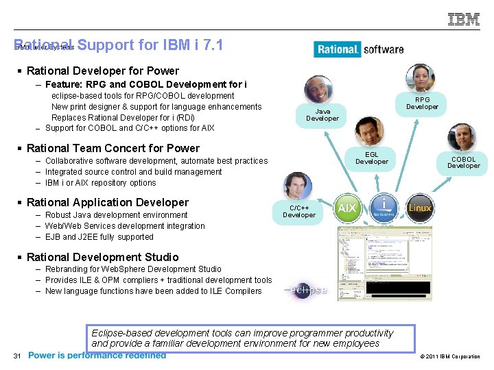 IBM Power Systems Support for IBM i 7. 1 Rational § Rational Developer for