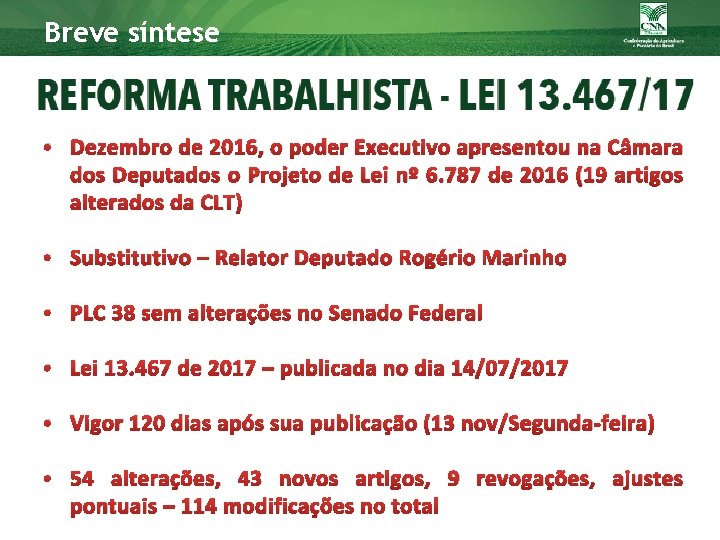 Breve síntese • Dezembro de 2016, o poder Executivo apresentou na Câmara dos Deputados