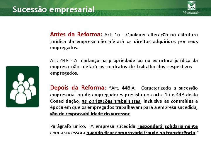 Sucessão empresarial Antes da Reforma: Art. 10 - Qualquer alteração na estrutura jurídica da