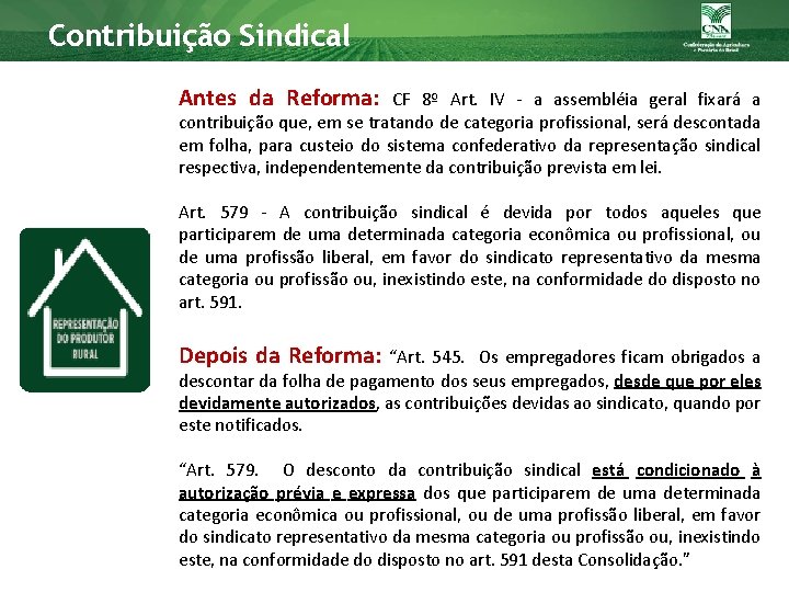 Contribuição Sindical Antes da Reforma: CF 8º Art. IV - a assembléia geral fixará