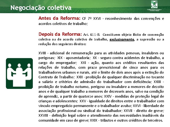 Negociação coletiva Antes da Reforma: CF 7º XXVI - reconhecimento das convenções e acordos