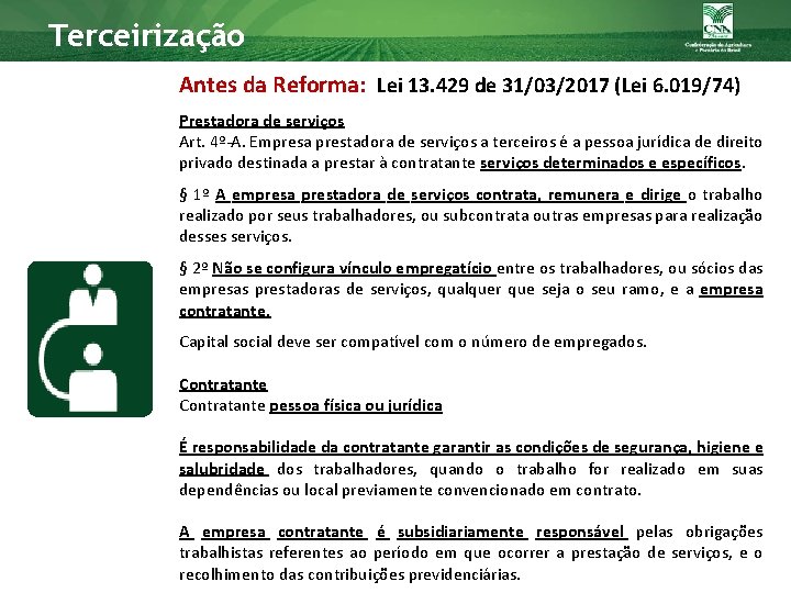 Terceirização Antes da Reforma: Lei 13. 429 de 31/03/2017 (Lei 6. 019/74) Prestadora de