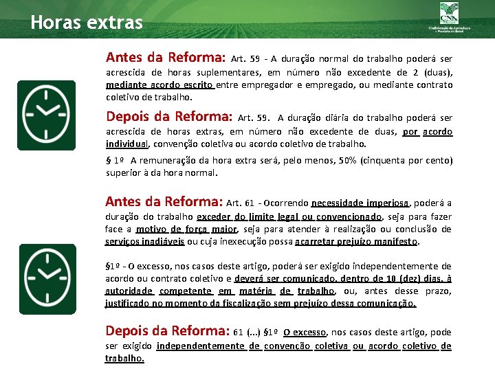 Horas extras Antes da Reforma: Art. 59 - A duração normal do trabalho poderá