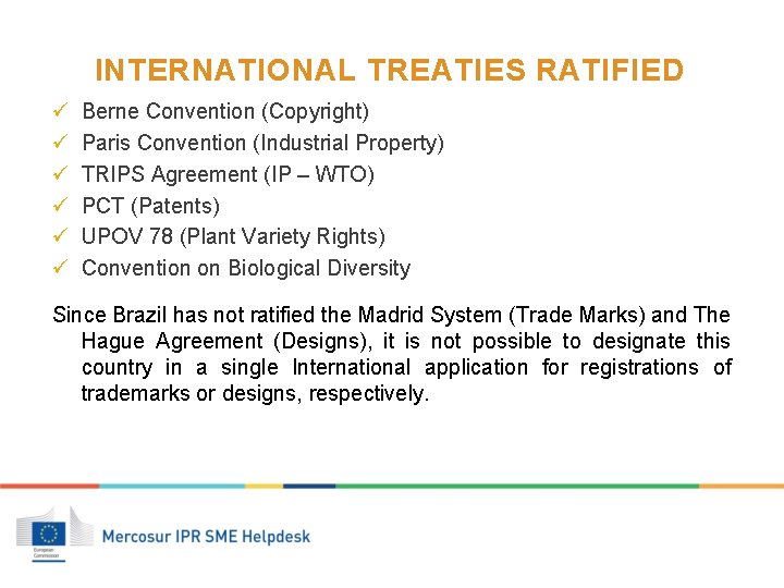 INTERNATIONAL TREATIES RATIFIED ü ü ü Berne Convention (Copyright) Paris Convention (Industrial Property) TRIPS