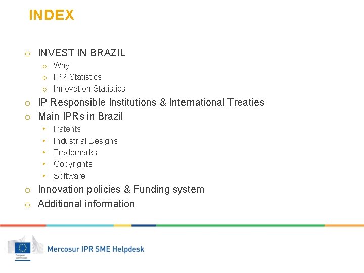 INDEX o INVEST IN BRAZIL o Why o IPR Statistics o Innovation Statistics o