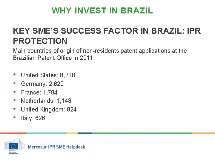 WHY INVEST IN BRAZIL KEY SME’S SUCCESS FACTOR IN BRAZIL: IPR PROTECTION Main countries