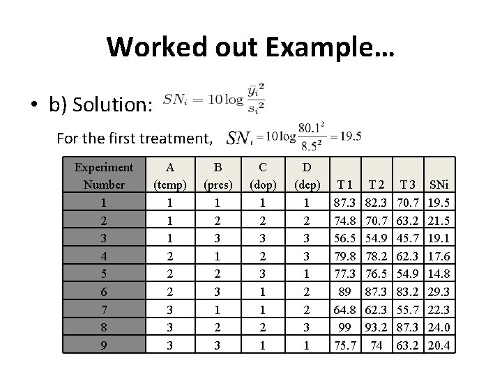 Worked out Example… • b) Solution: For the first treatment, Experiment Number 1 2