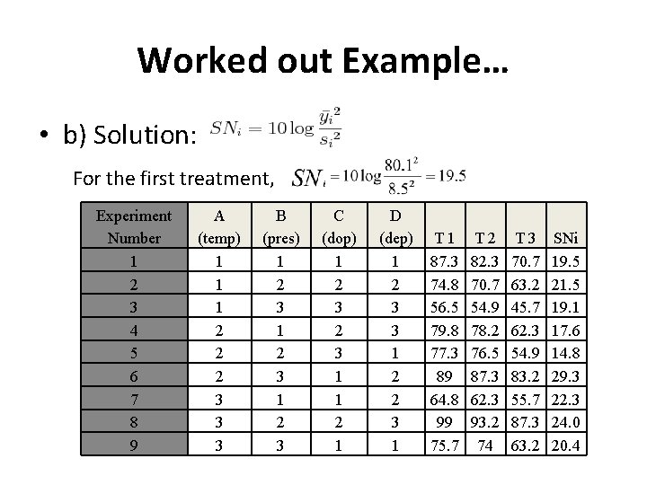 Worked out Example… • b) Solution: For the first treatment, Experiment Number 1 2 Worked out Example… • b) Solution: For the first treatment, Experiment Number 1 2