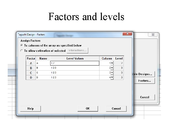 Factors and levels 