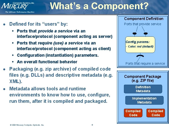 What’s a Component? Component Definition l Defined for its “users” by: Ports that provide