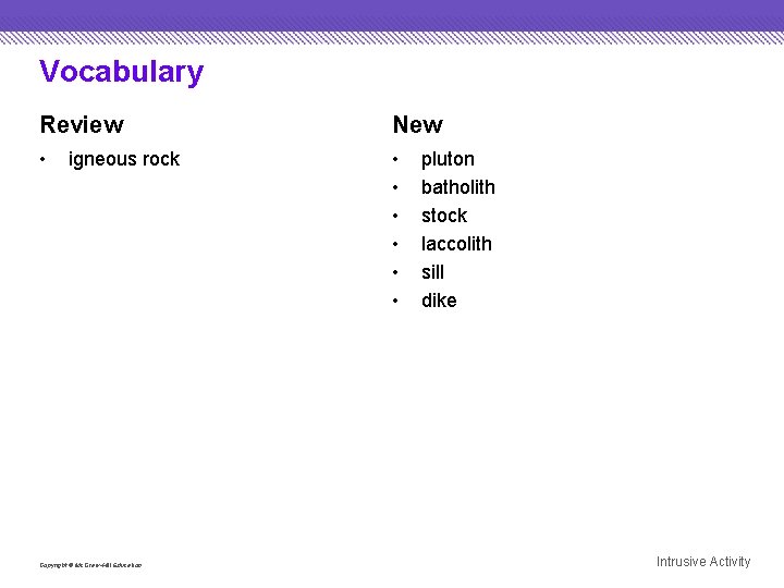 Vocabulary Review New • • igneous rock Copyright © Mc. Graw-Hill Education pluton batholith