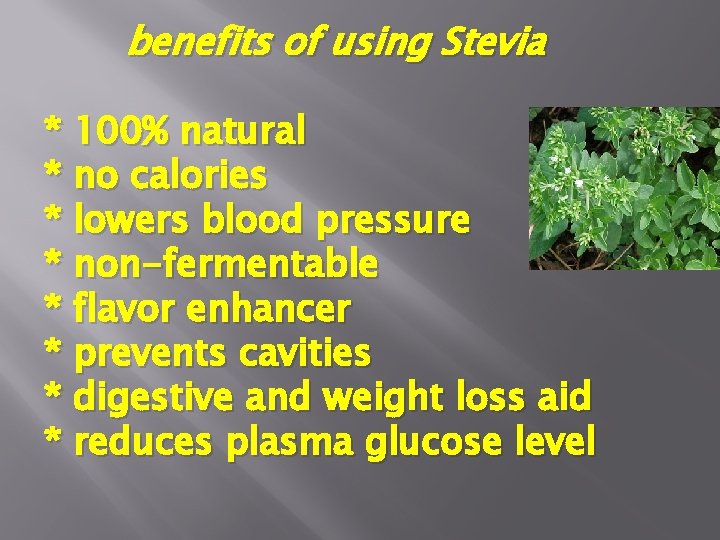 benefits of using Stevia * 100% natural * no calories * lowers blood pressure