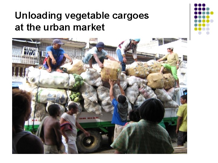Unloading vegetable cargoes at the urban market 