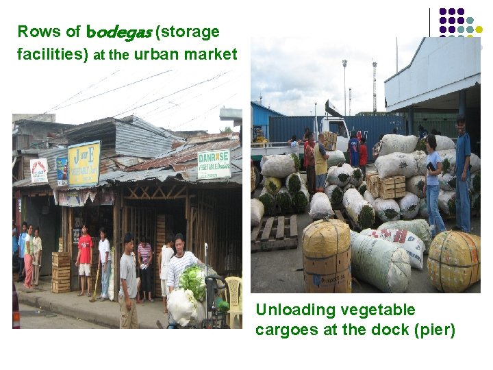 Rows of bodegas (storage facilities) at the urban market Unloading vegetable cargoes at the