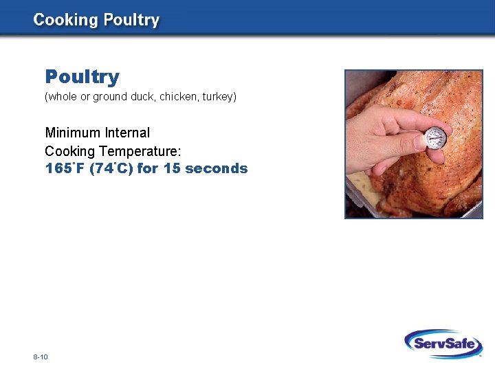 Poultry (whole or ground duck, chicken, turkey) Minimum Internal Cooking Temperature: 165°F (74°C) for