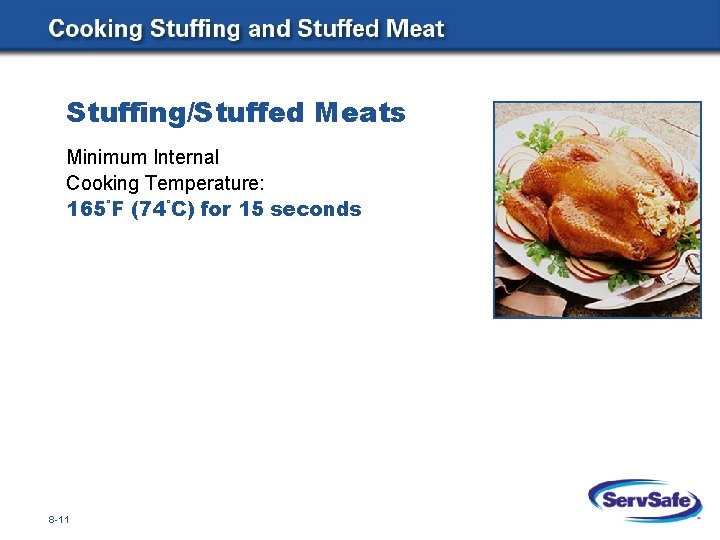 Stuffing/Stuffed Meats Minimum Internal Cooking Temperature: 165°F (74°C) for 15 seconds 8 -11 