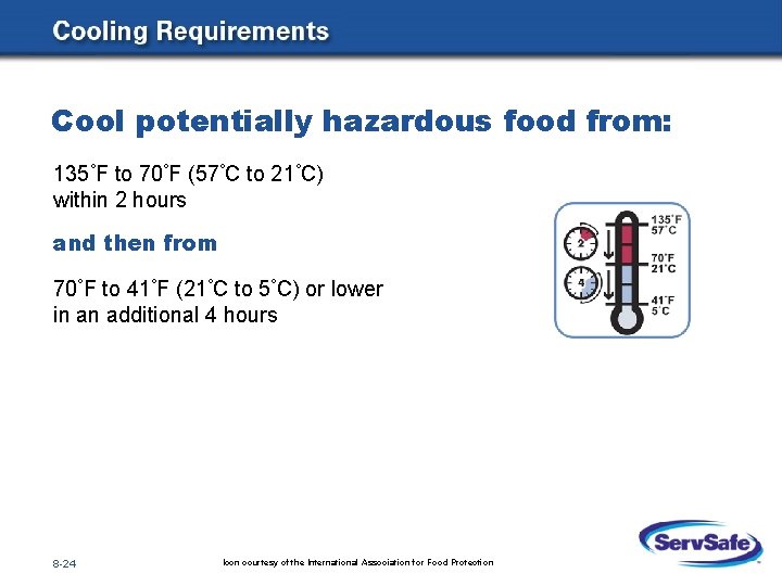 Cool potentially hazardous food from: 135°F to 70°F (57°C to 21°C) within 2 hours