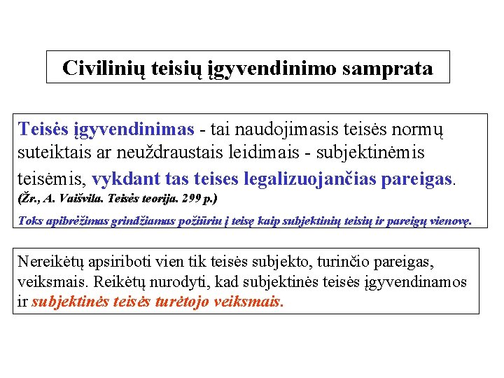 Civilinių teisių įgyvendinimo samprata Teisės įgyvendinimas - tai naudojimasis teisės normų suteiktais ar neuždraustais