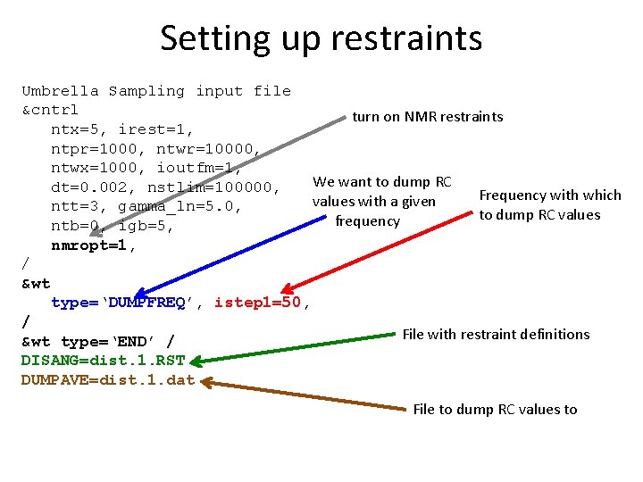 Setting up restraints Umbrella Sampling input file &cntrl turn on NMR restraints ntx=5, irest=1,