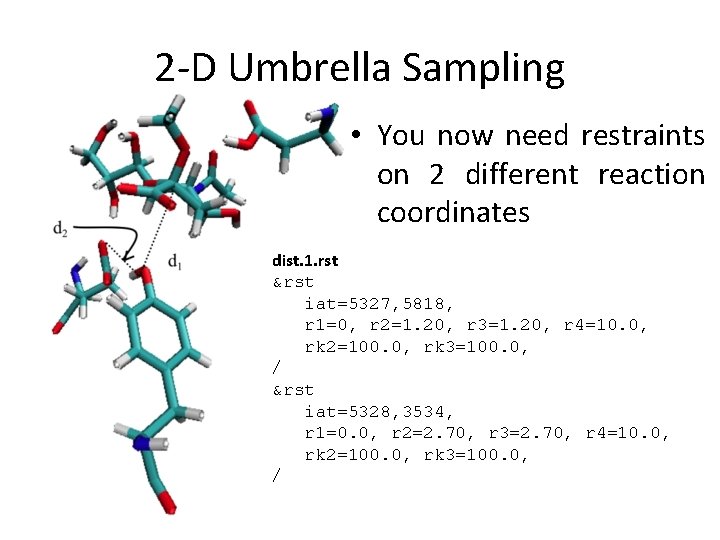 2 -D Umbrella Sampling • You now need restraints on 2 different reaction coordinates