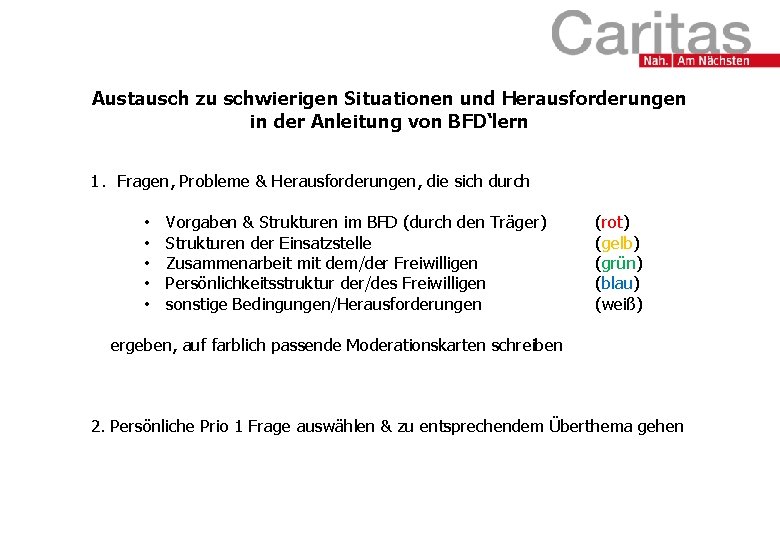 Austausch zu schwierigen Situationen und Herausforderungen in der Anleitung von BFD‘lern 1. Fragen, Probleme