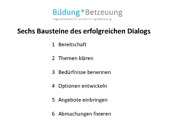 Sechs Bausteine des erfolgreichen Dialogs 1 Bereitschaft 2 Themen klären 3 Bedürfnisse benennen 4