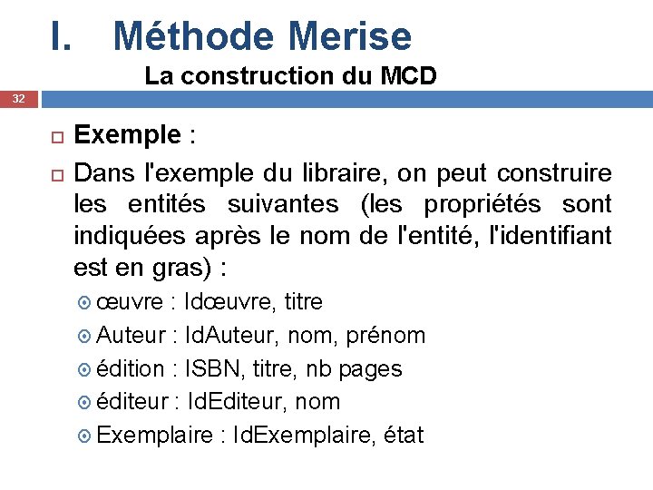 I. Méthode Merise La construction du MCD 32 Exemple : Dans l'exemple du libraire,