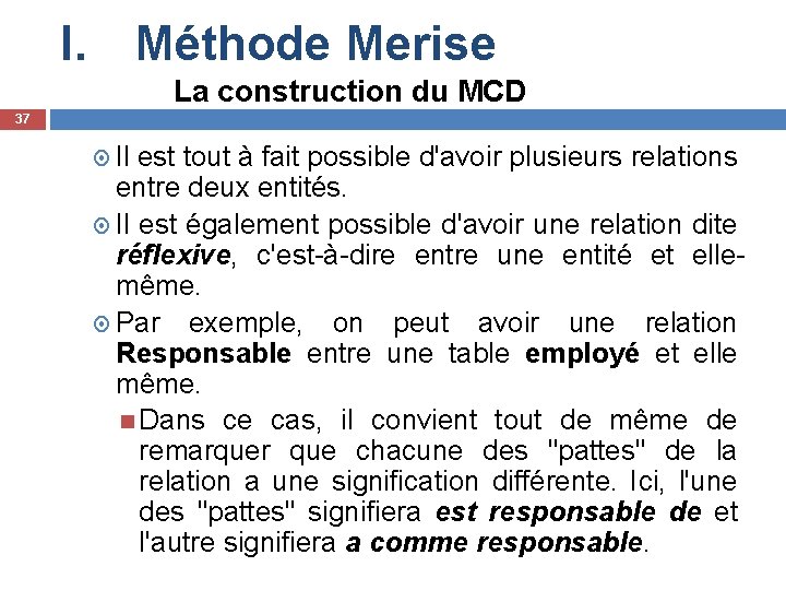 I. Méthode Merise La construction du MCD 37 Il est tout à fait possible