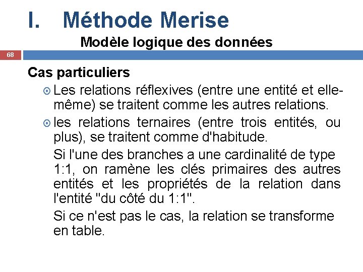 I. Méthode Merise Modèle logique des données 68 Cas particuliers Les relations réflexives (entre
