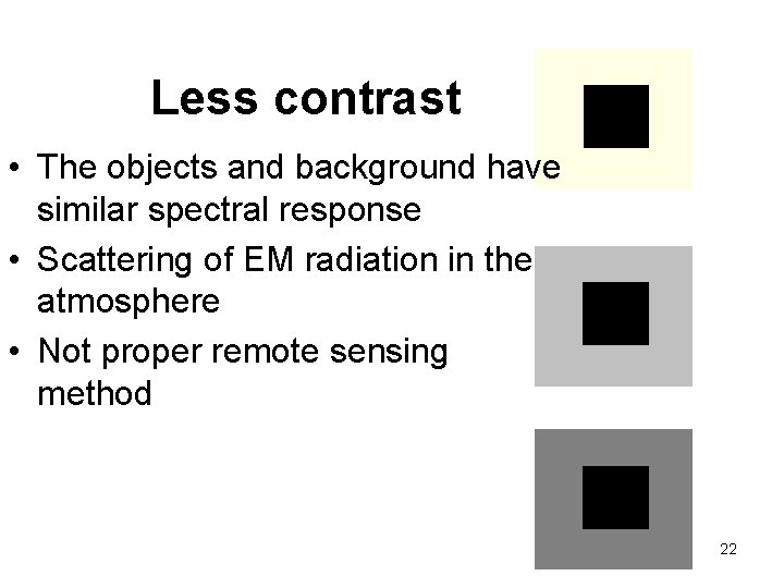 Less contrast • The objects and background have similar spectral response • Scattering of