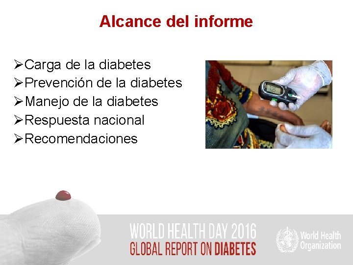 Alcance del informe ØCarga de la diabetes ØPrevención de la diabetes ØManejo de la