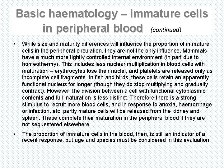 Basic haematology – immature cells in peripheral blood (continued) • While size and maturity