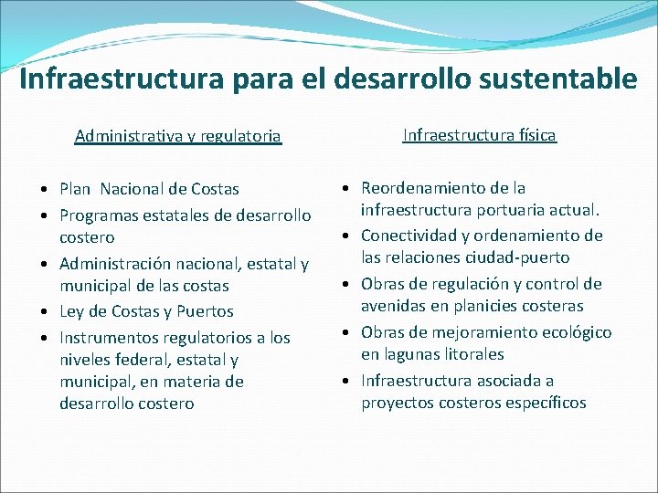 Infraestructura para el desarrollo sustentable Administrativa y regulatoria Infraestructura física • Plan Nacional de