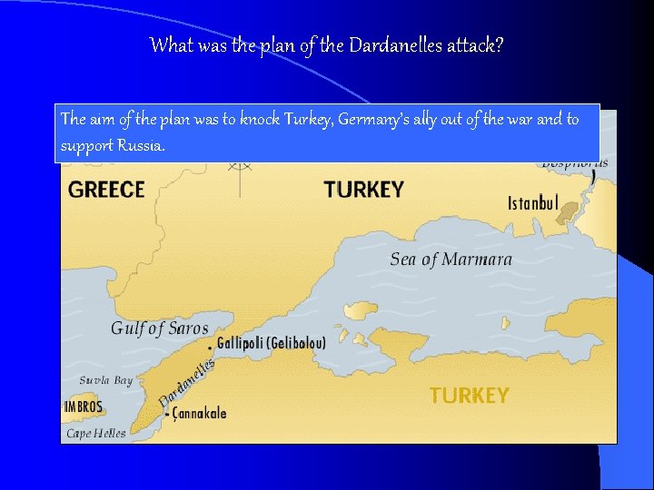 What was the plan of the Dardanelles attack? The aim of the plan was