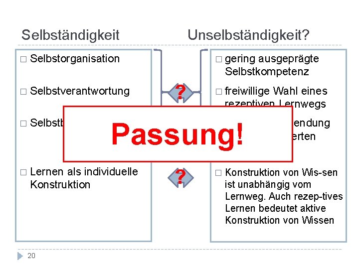 Selbständigkeit Unselbständigkeit? � gering ausgeprägte Selbstkompetenz � Selbstorganisation � Selbstverantwortung ? � freiwillige Wahl