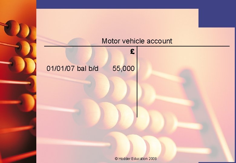 Motor vehicle account £ 01/01/07 bal b/d 55, 000 © Hodder Education 2008 