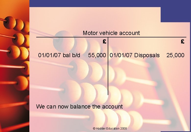 Motor vehicle account £ 01/01/07 bal b/d 55, 000 01/01/07 Disposals We can now