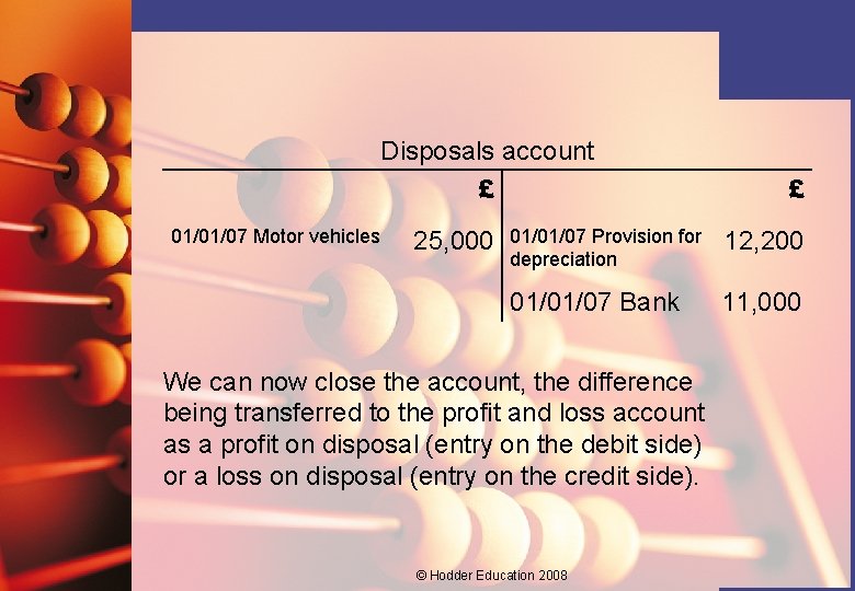 Disposals account £ 01/01/07 Motor vehicles 25, 000 £ 01/01/07 Provision for depreciation 12,
