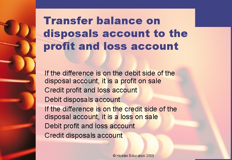 Transfer balance on disposals account to the profit and loss account If the difference