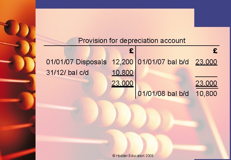 Provision for depreciation account £ £ 01/01/07 Disposals 12, 200 01/01/07 bal b/d 23,