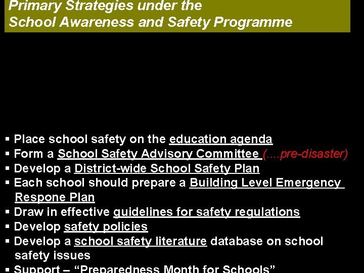 Primary Strategies under the School Awareness and Safety Programme § Place school safety on