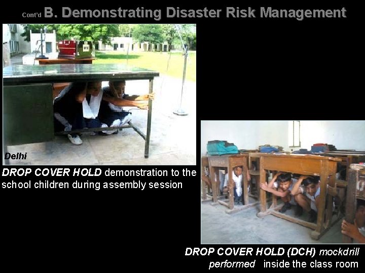 Cont’d B. Demonstrating Disaster Risk Management Delhi DROP COVER HOLD demonstration to the school