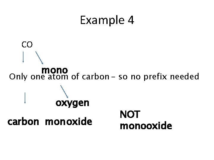 Example 4 CO mono Only one atom of carbon - so no prefix needed