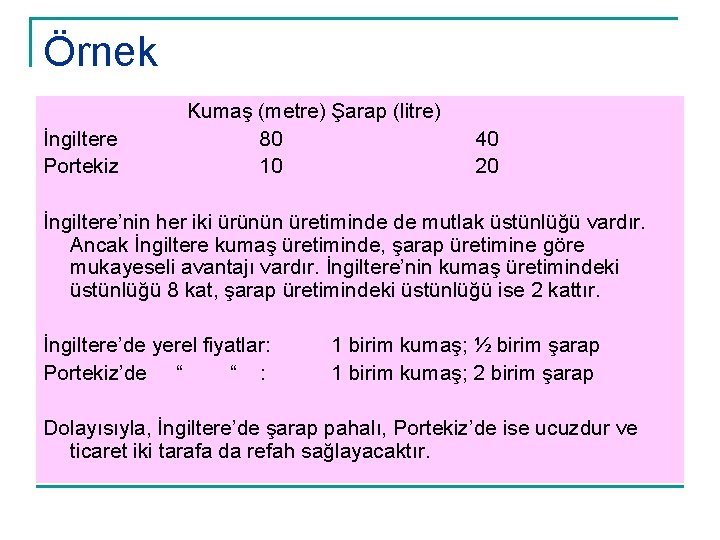 Örnek İngiltere Portekiz Kumaş (metre) Şarap (litre) 80 10 40 20 İngiltere’nin her iki