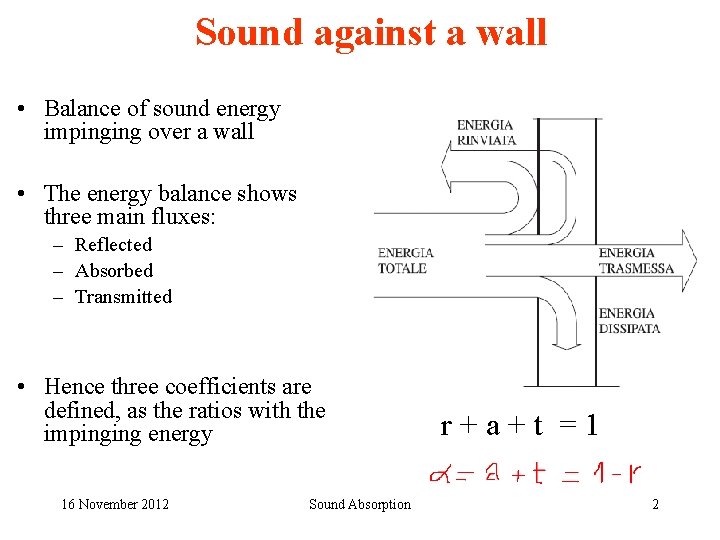 Sound against a wall • Balance of sound energy impinging over a wall •