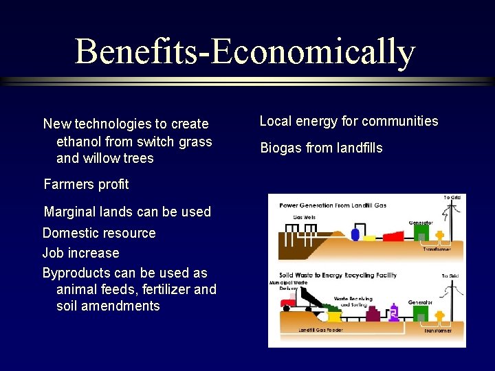 Benefits-Economically New technologies to create ethanol from switch grass and willow trees Farmers profit