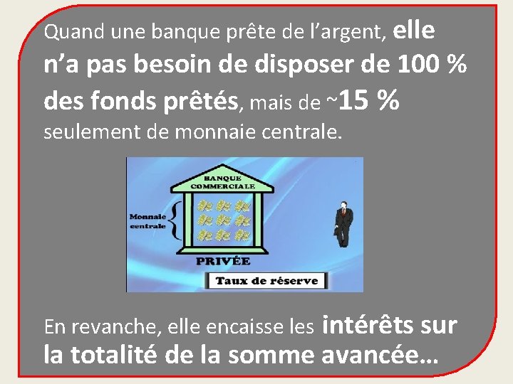 Quand une banque prête de l’argent, elle n’a pas besoin de disposer de 100 Quand une banque prête de l’argent, elle n’a pas besoin de disposer de 100