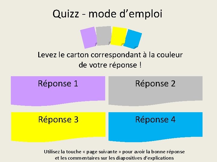 Quizz ‐ mode d’emploi Levez le carton correspondant à la couleur de votre réponse Quizz ‐ mode d’emploi Levez le carton correspondant à la couleur de votre réponse
