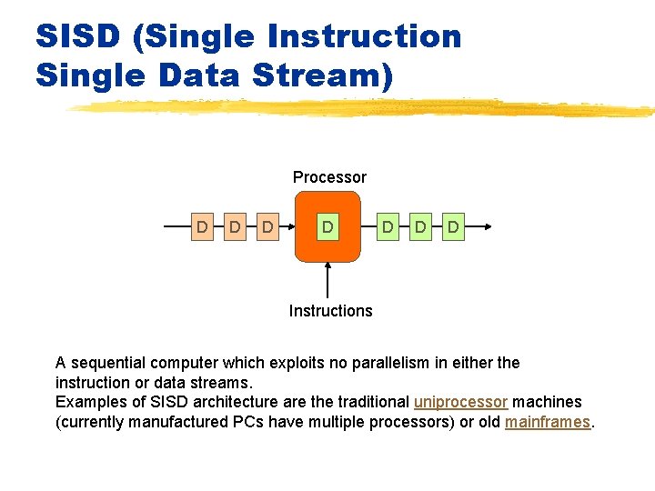 SISD (Single Instruction Single Data Stream) Processor D D D D Instructions A sequential