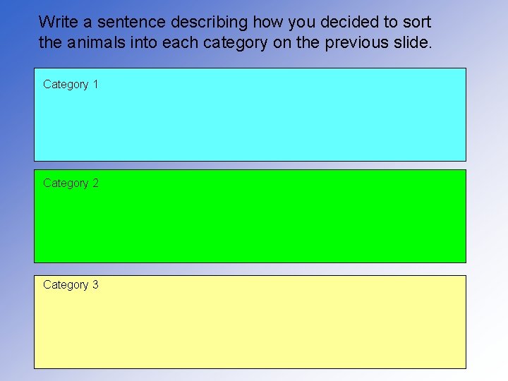 Write a sentence describing how you decided to sort the animals into each category